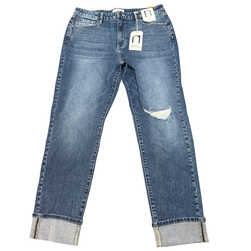 Nature Denim Distressed Cuffed Hem Mom‎ Jeans Medium Stone Wash Size 31 NWT